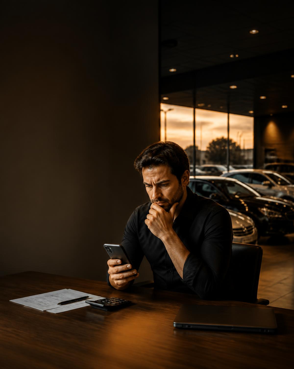 Dono de loja de veículos preocupado ao analisar os números da operação pelo celular